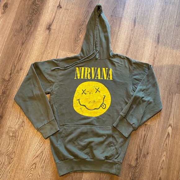 Green Nirvana Smiley Face Hoodie - Size Small Grunge Rock Band Pullover - Picture 1 of 5